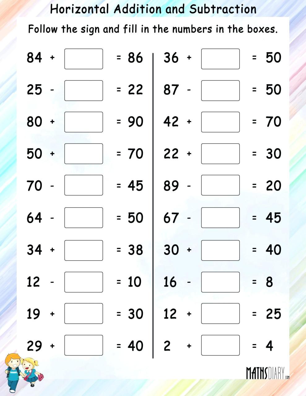 Addition Subtraction Math Facts Worksheets