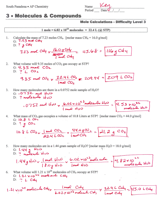 Mole Calculation Worksheet Answer Key Biology worksheet, Chemistry