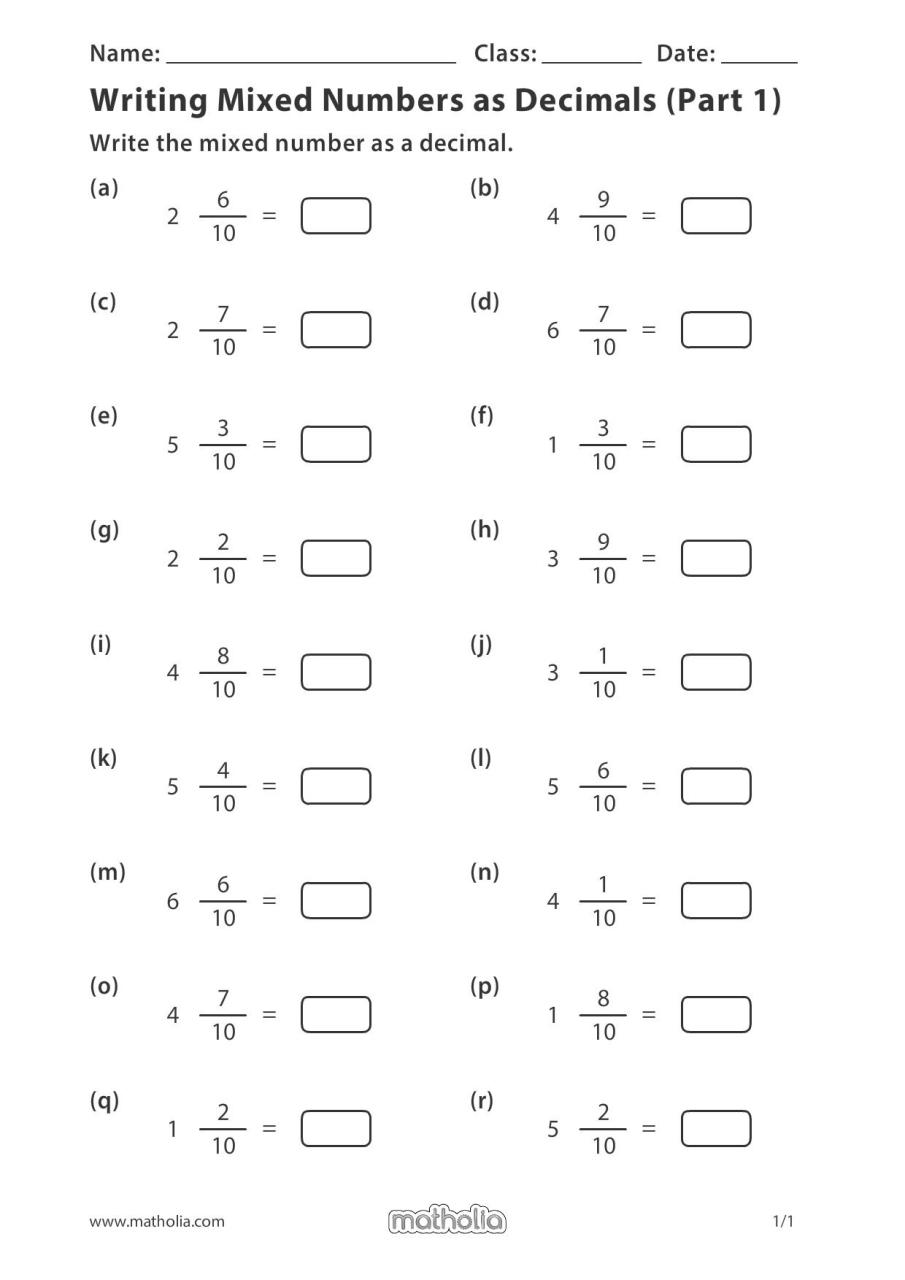 Math Worksheets Grade 4 Decimals