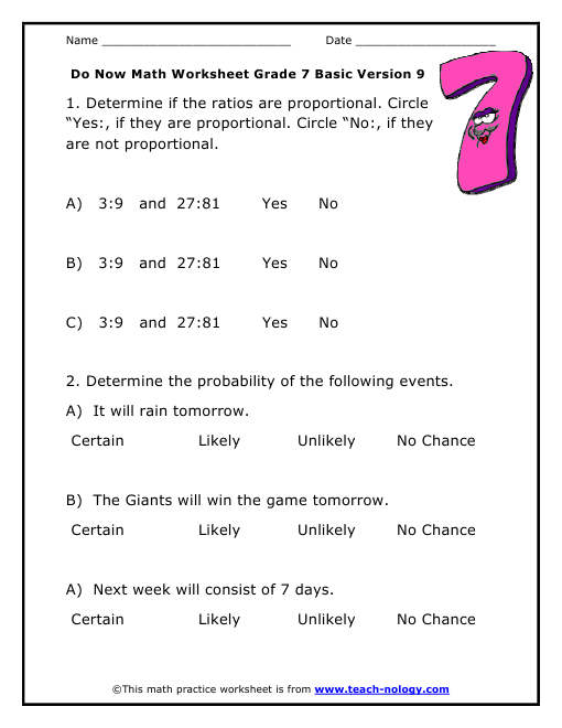 Worksheets For Algebra Grade 7