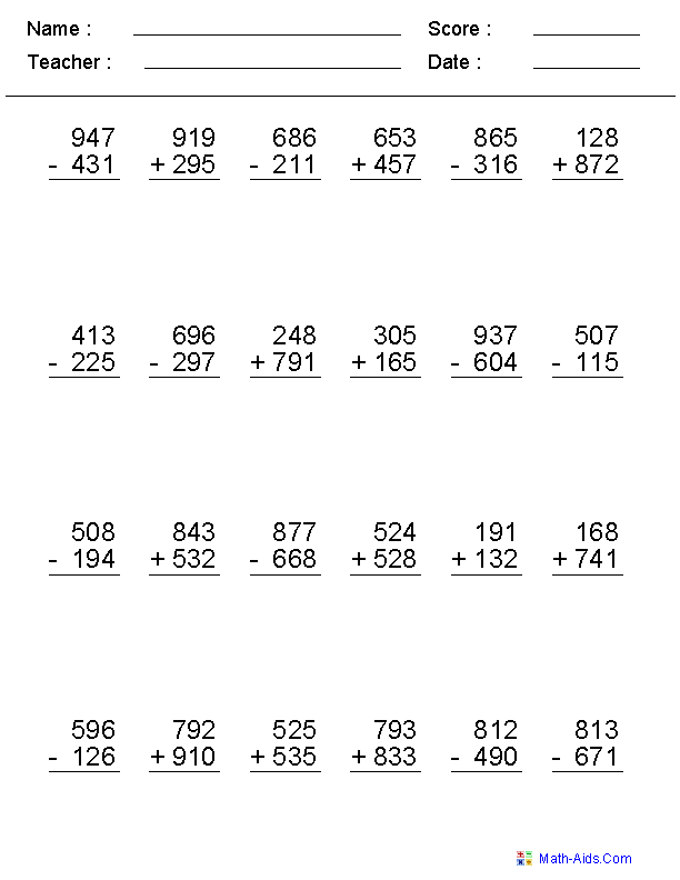 2, 3, or 4 Digits Mixed Operator Worksheets Subtraction worksheets