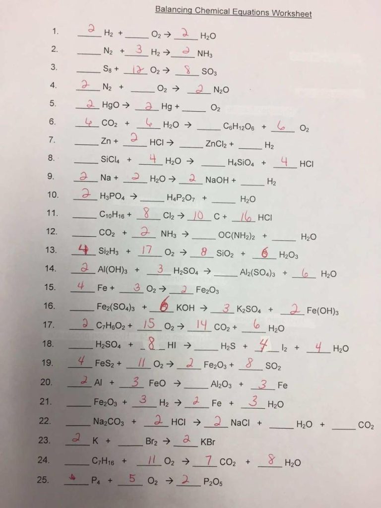 Balance Chemical Equation Worksheet With Answers