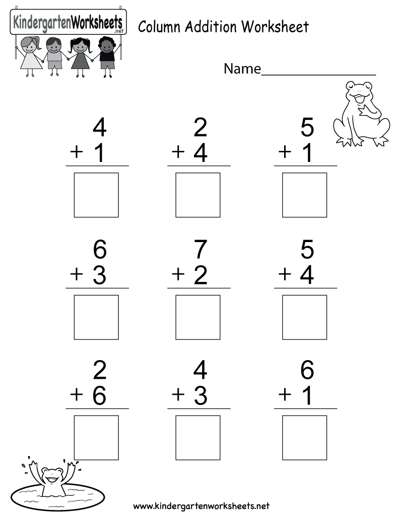 Free Printable Column Addition Worksheet for Kindergarten