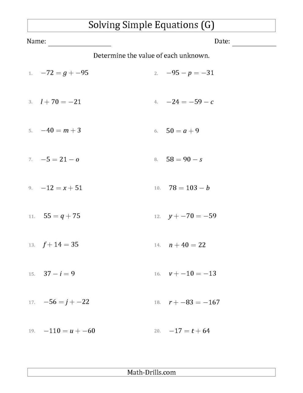 Algebra Equations Worksheet With Answers