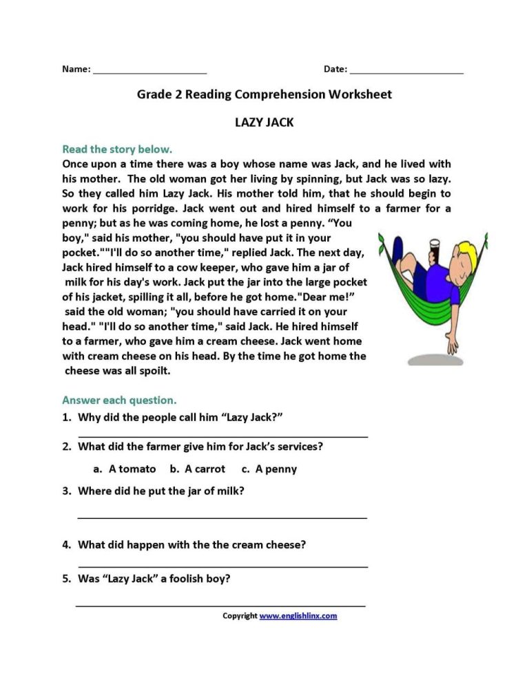 Grade 2 Reading Comprehension Worksheets For 2nd Grade