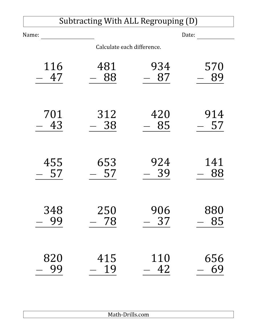 Subtraction Worksheets For Grade 3 2 Digit