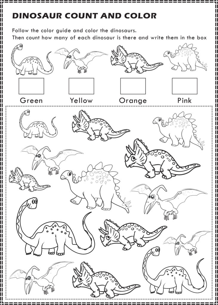 Free Printable Dinosaurs I Spy Count and Color Activity Page for Kids