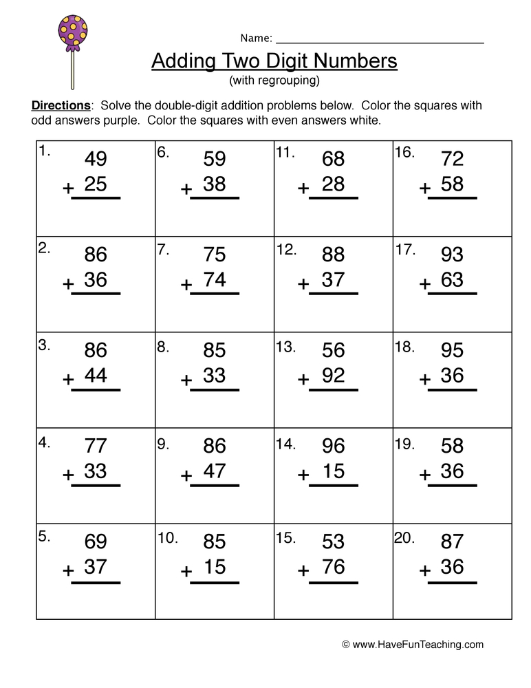 Double Digit Addition Regrouping Free Worksheets 2 digit addition