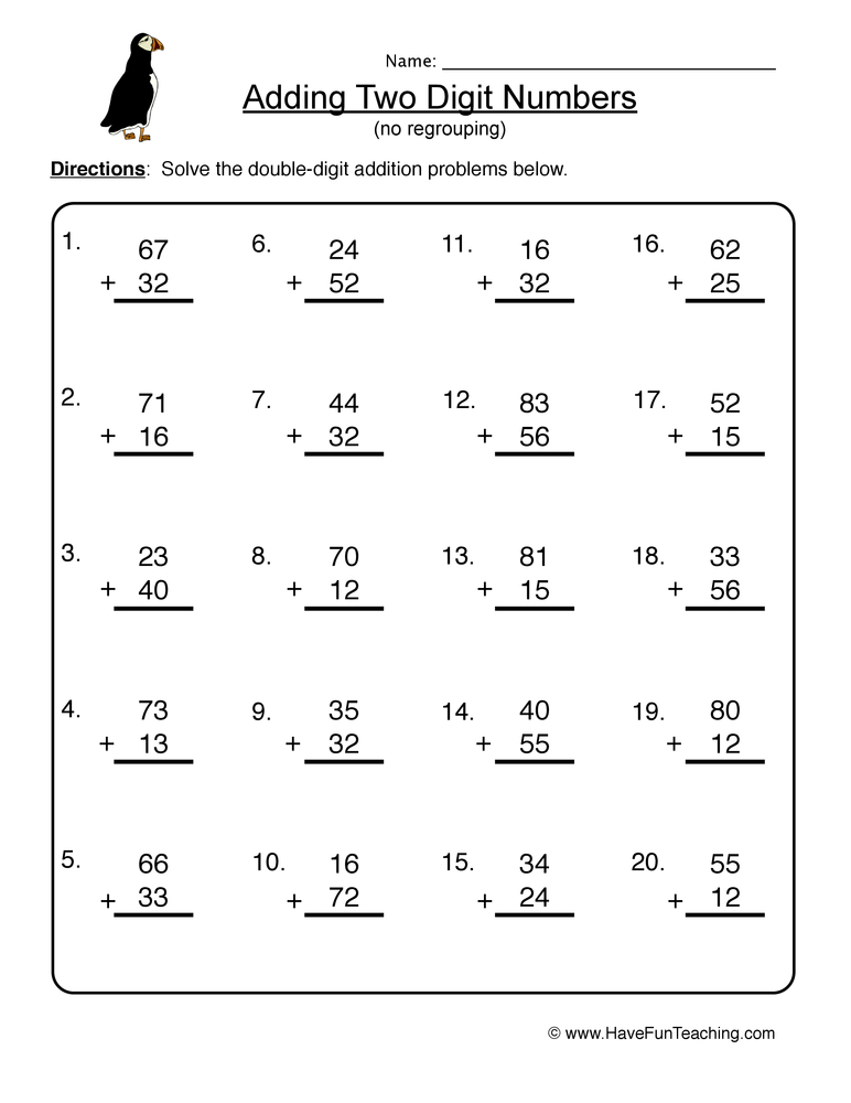Addition Regrouping 2 Digit Worksheets
