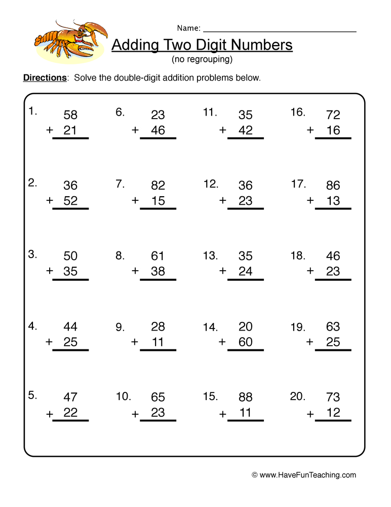 Addition 2 Digit Numbers Worksheets