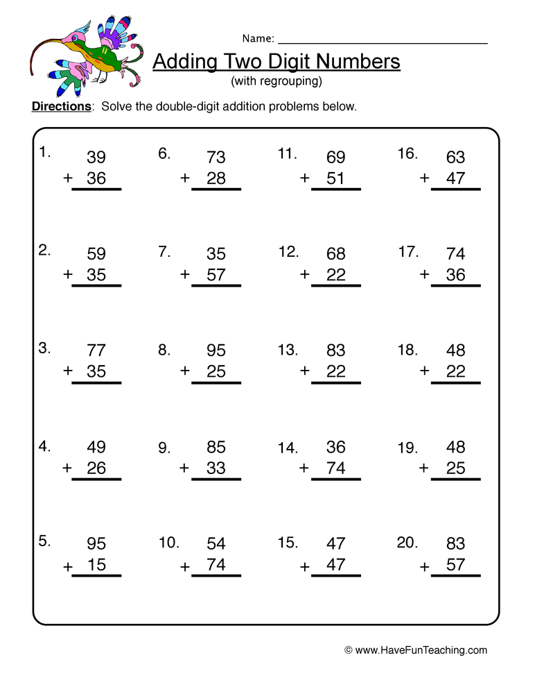 Adding Double Digit With Regrouping Worksheet Have Fun Teaching