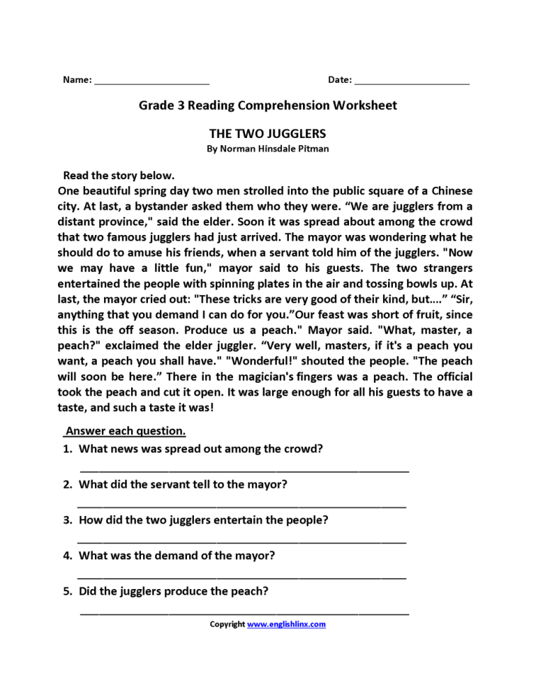 Reading Comprehension Worksheets For Grade 3 Pdf With Answers