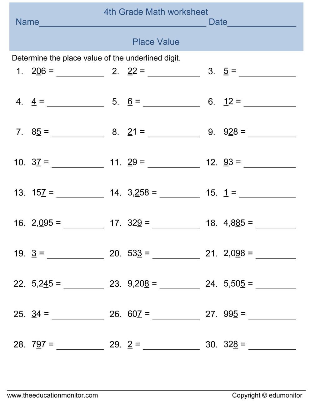 Fourth Grade 4th Grade Math Worksheets Grade 4