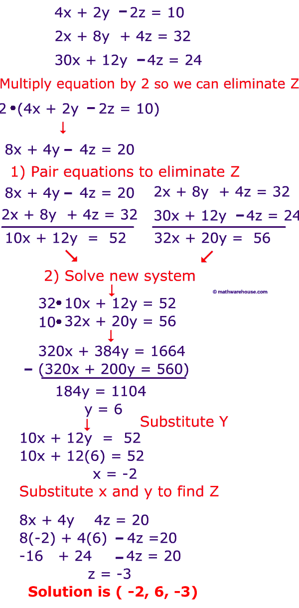 How to solve systems of 3 variable equations using elimination, step by