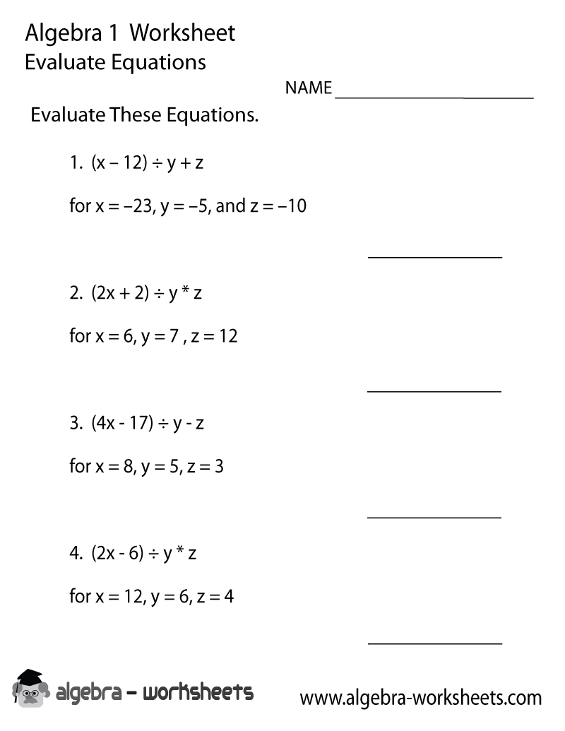 Printable Math Worksheets Algebra 1