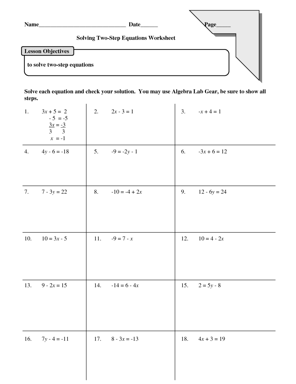 2 Step Equations Worksheet Easy