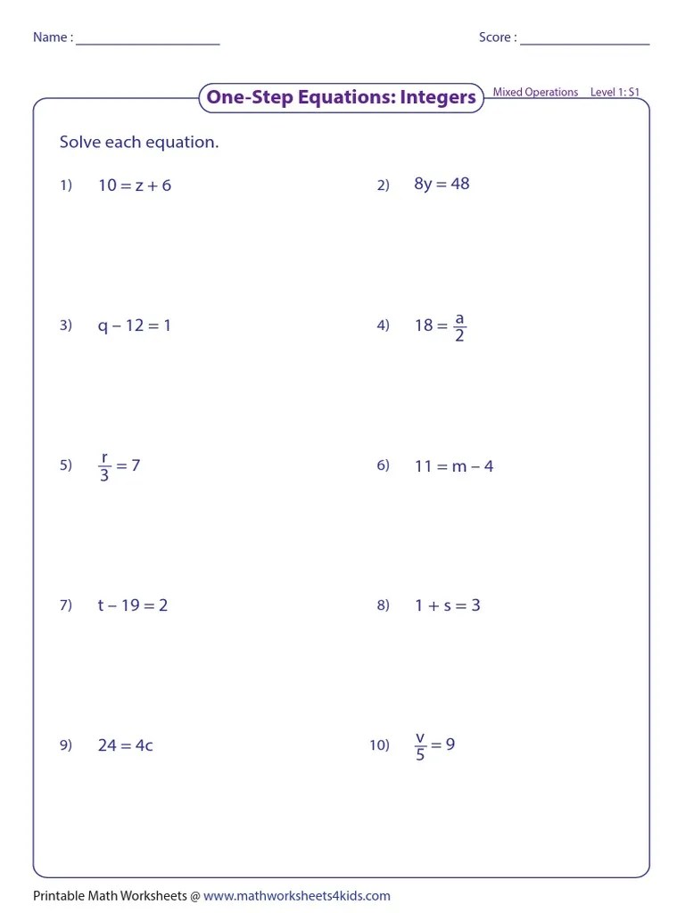solving one step equations worksheet