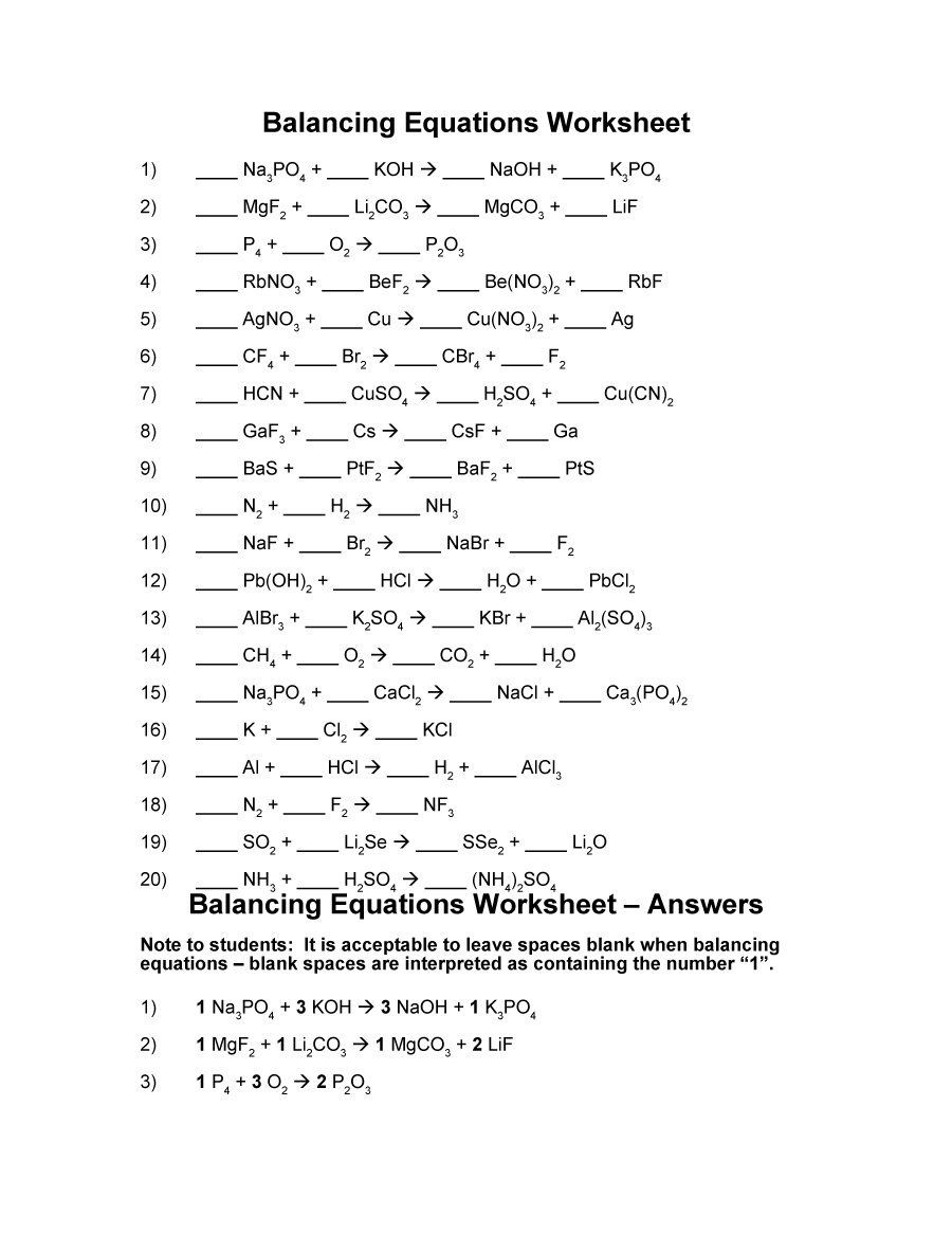 Balancing Equations Chemistry Worksheet Answers