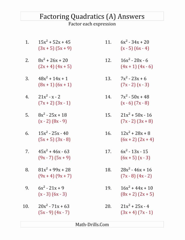Algebra Factoring Worksheet