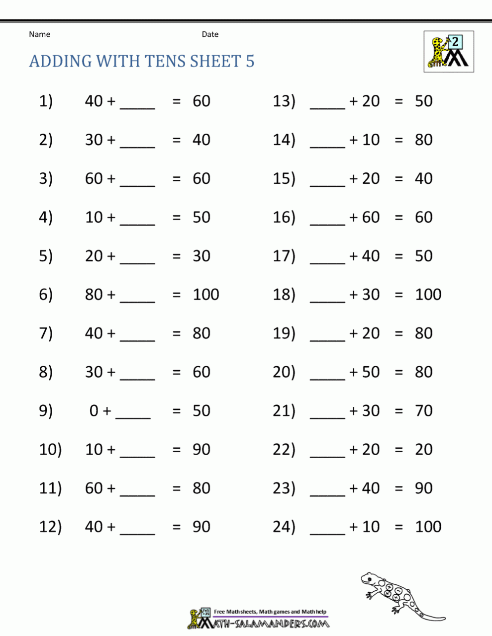 Missing Addition Facts with tens up to 100 Sheet 5 in 2020 Addition