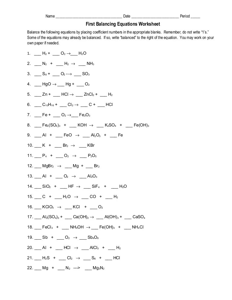 Balancing Equations Worksheet Answers 1-20