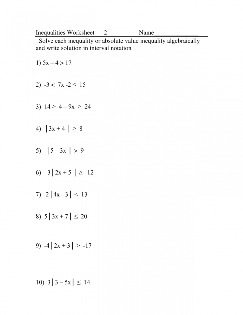 Advanced Algebra Solving Literal Equations Worksheet Answer Key