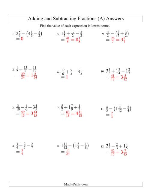 Fraction Addition Worksheet With Answers