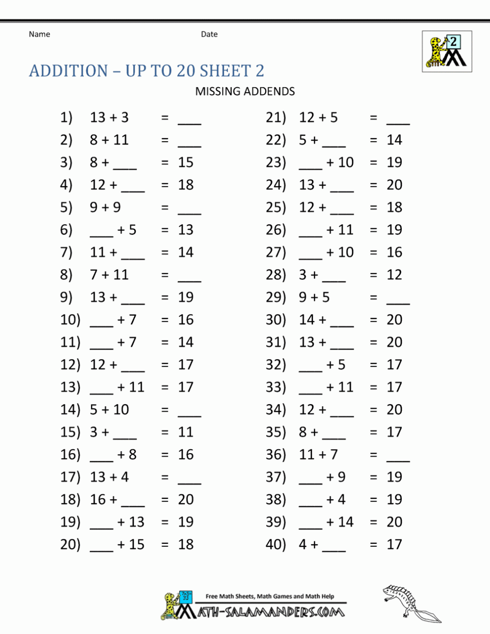 Free Math Worksheets Addition To 20
