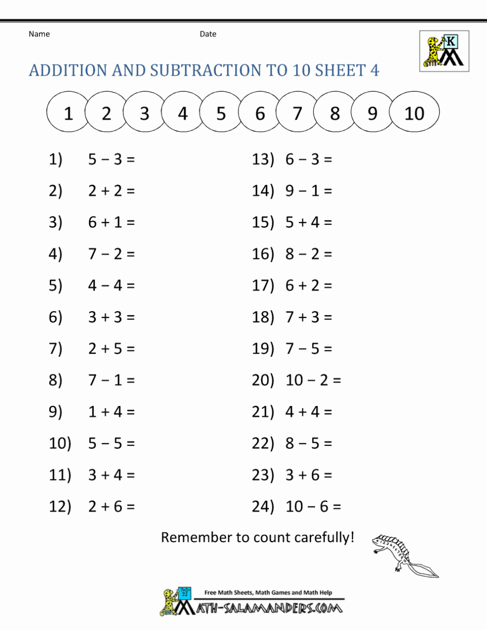 Addition And Subtraction Within 10 Worksheets Free