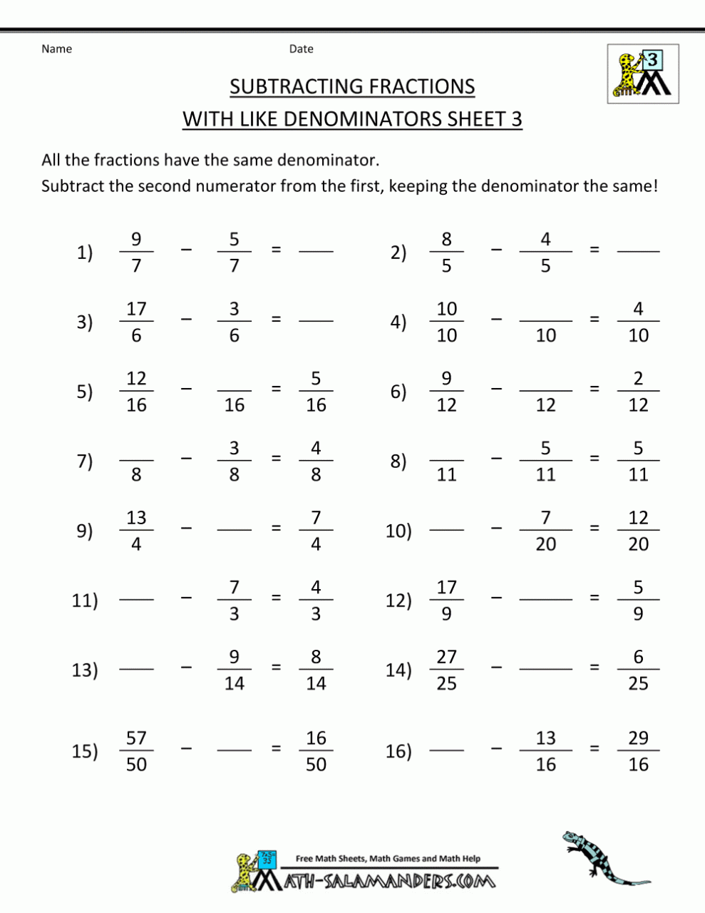 Addition And Subtraction Of Fractions Worksheets For Grade 5