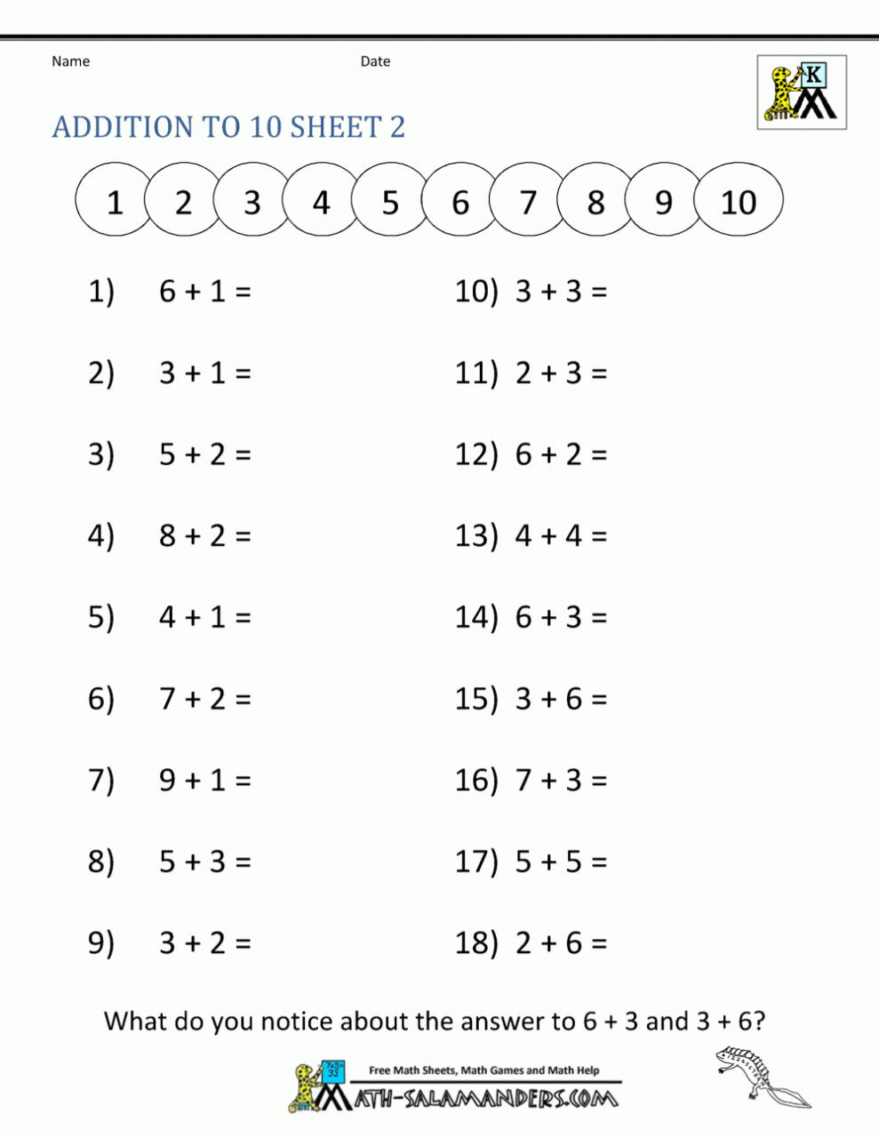 Addition To 10 Worksheets Pdf