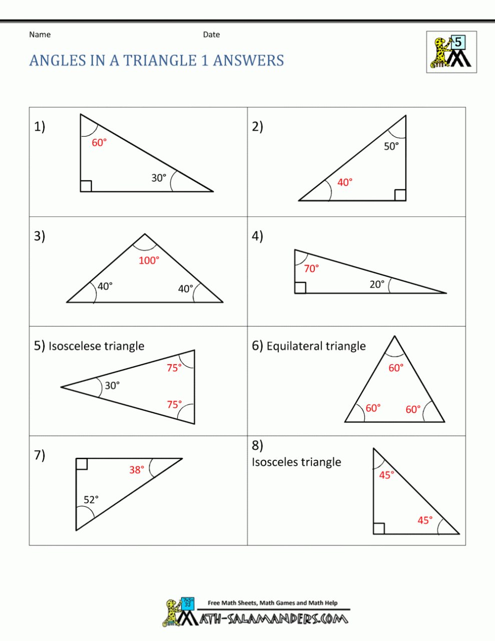 Sum Of Interior Angles A Triangle Worksheet Pdf