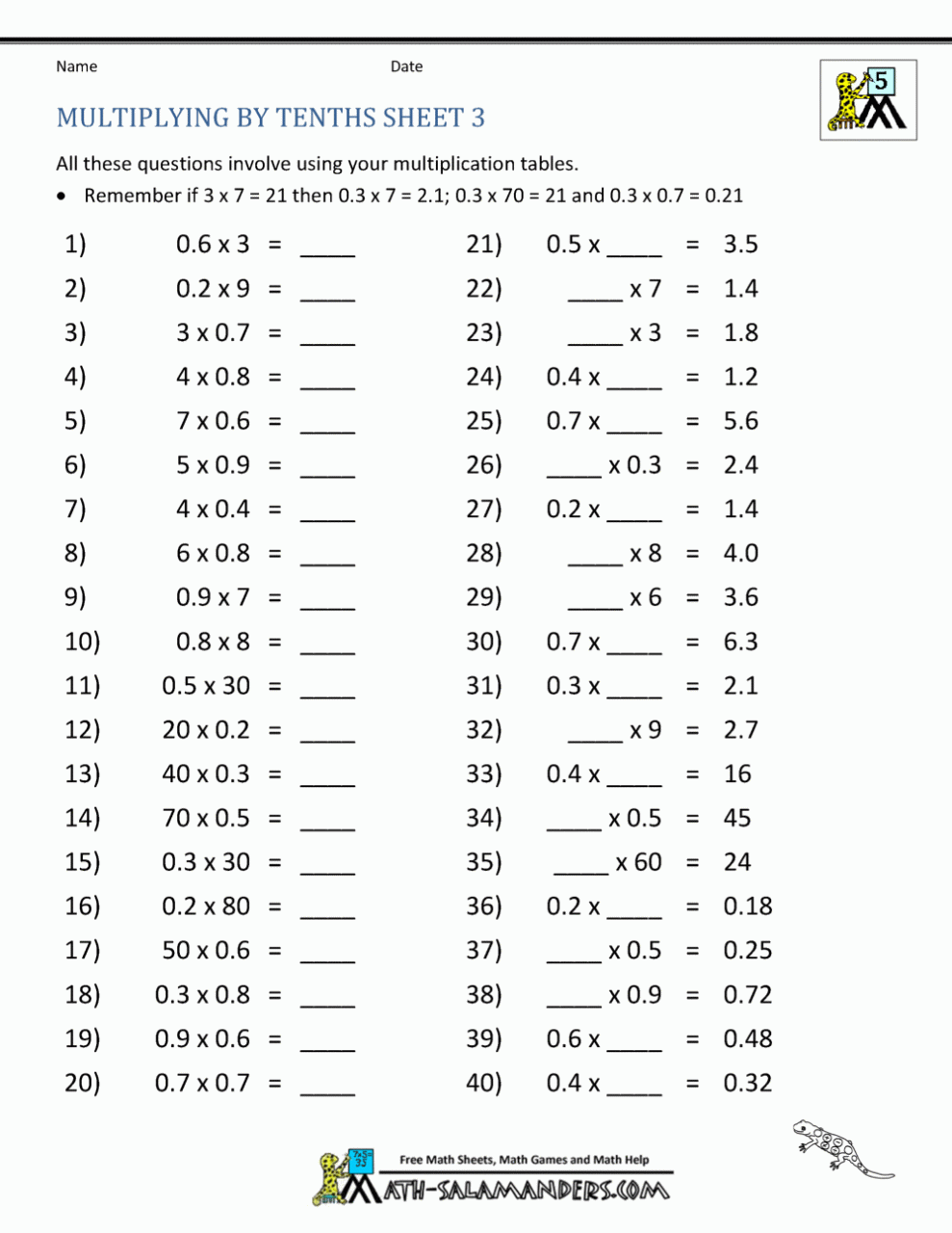 Math Worksheets For 3Rd Grade Multiplication