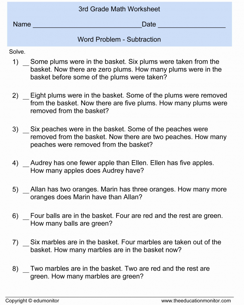 6Th Grade Math Story Problems Worksheets