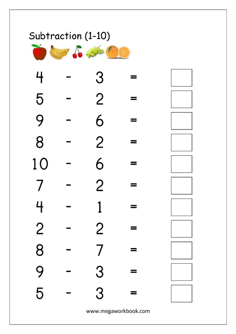 Subtraction To 10 Worksheets