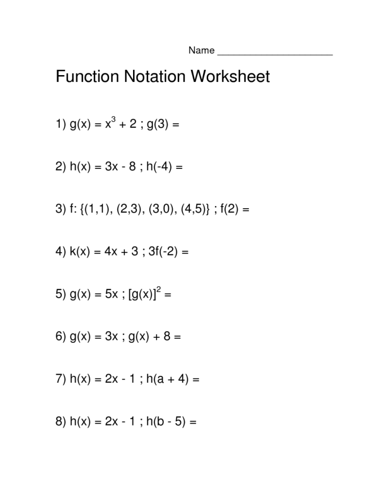 Algebra 1 Function Notation Worksheet Alternate