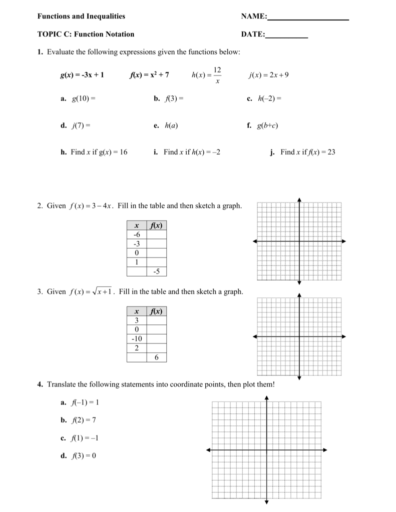 Algebra 1 Functions Domain And Range Function Notation Worksheet