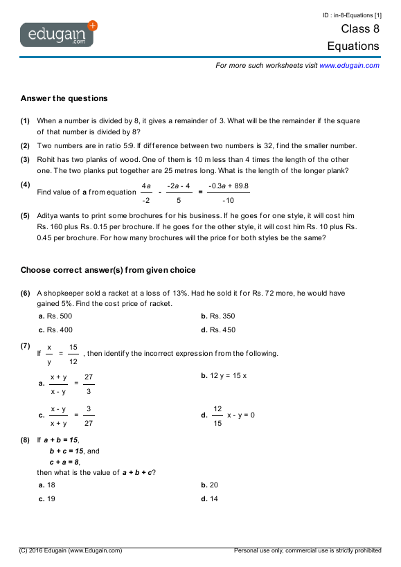 Linear Equations Worksheets For Grade 8