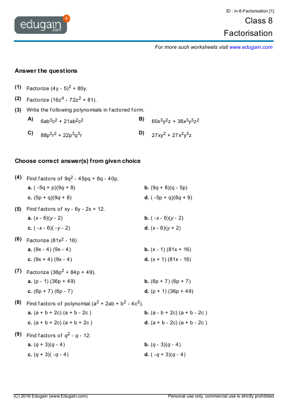 Class 8 Math Worksheets and Problems Factorisation Edugain India