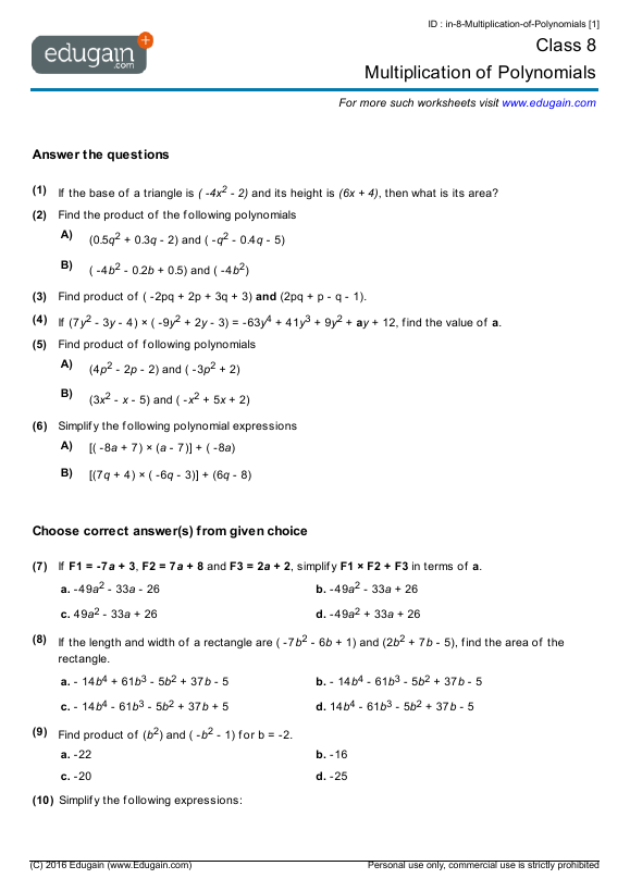 Grade 8 Math Worksheets and Problems Multiplication of Polynomials