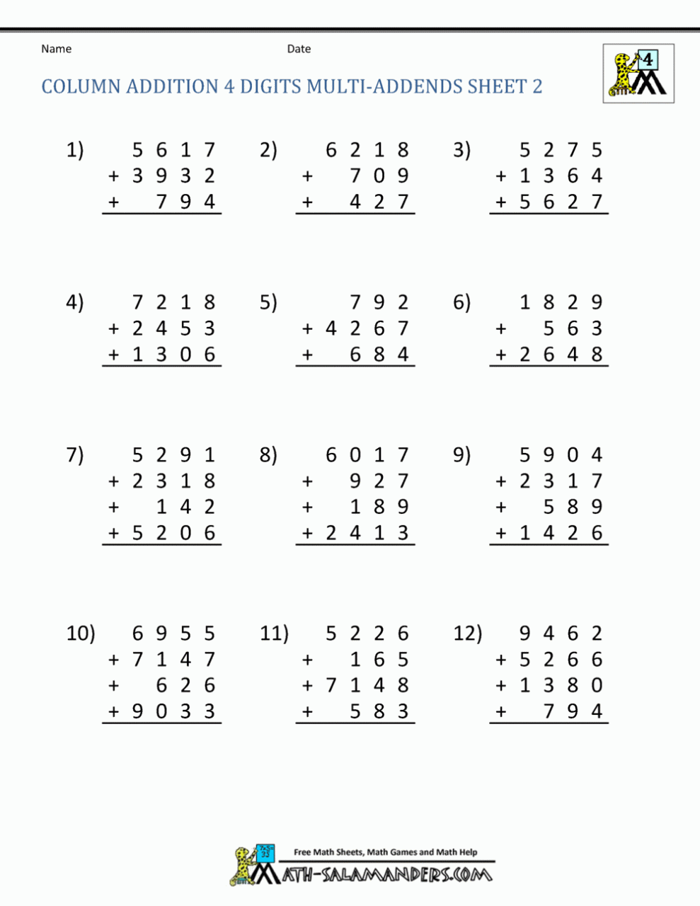 Math Addition And Subtraction Worksheets Grade 4