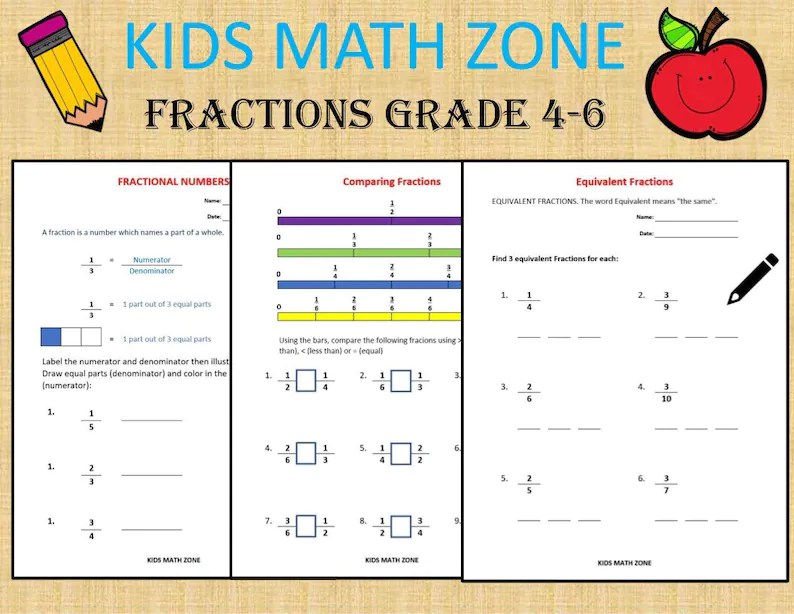 Fractions GRADE 46 Worksheets Compare Add Subtract Etsy
