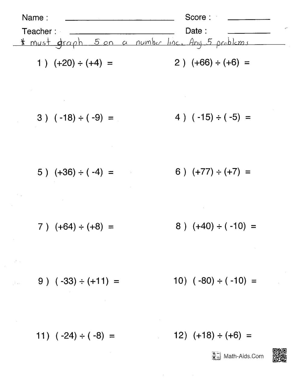 One Step Addition And Subtraction Equations With Integers Worksheet