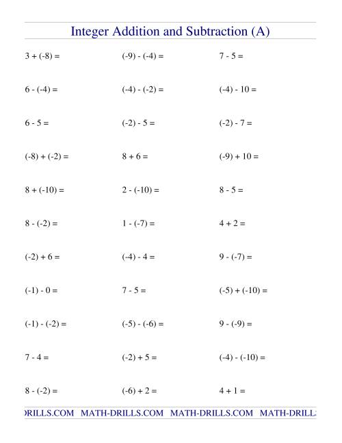 Integer Addition and Subtraction (Range 10 to 10) (A) Integers Worksheet
