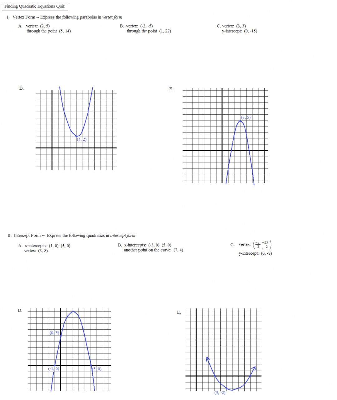 Quadratic Functions Algebra 2 Worksheet