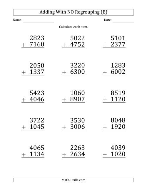 Large Print 4Digit Plus 4Digit Addition with NO Regrouping (B)