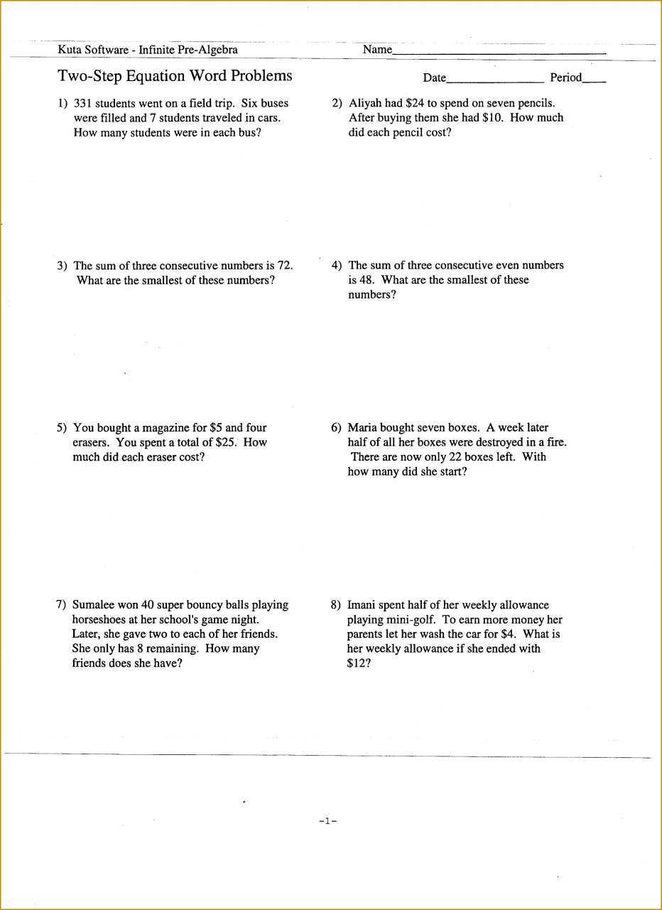 Algebra 1 Systems Word Problems Worksheet Answers