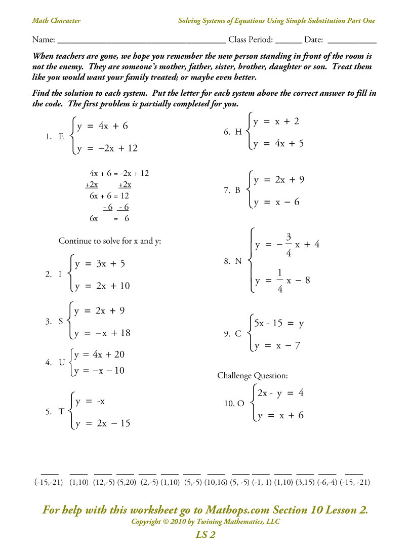 Solving Systems Of Equations By Elimination Worksheet Easy