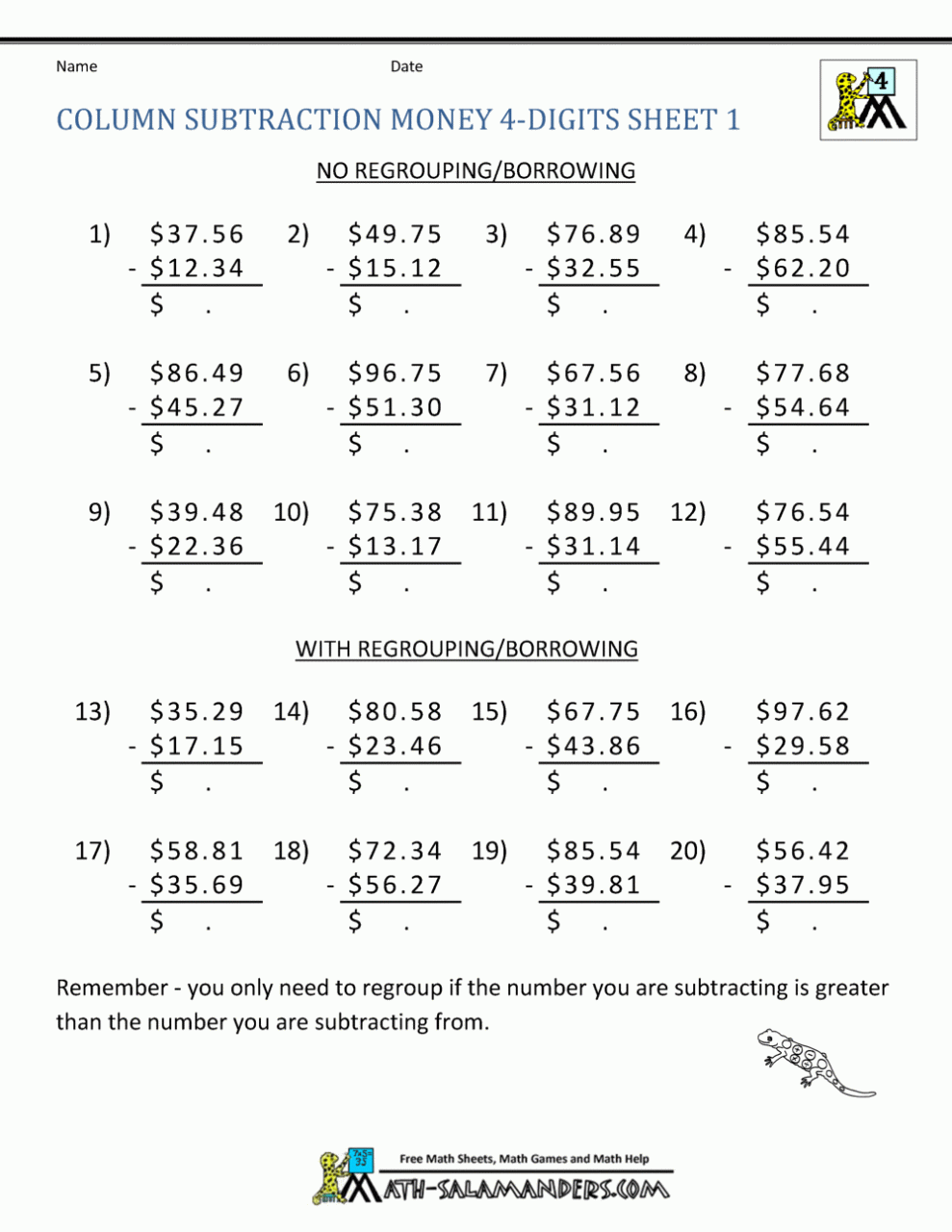 4th Grade Subtraction Worksheets