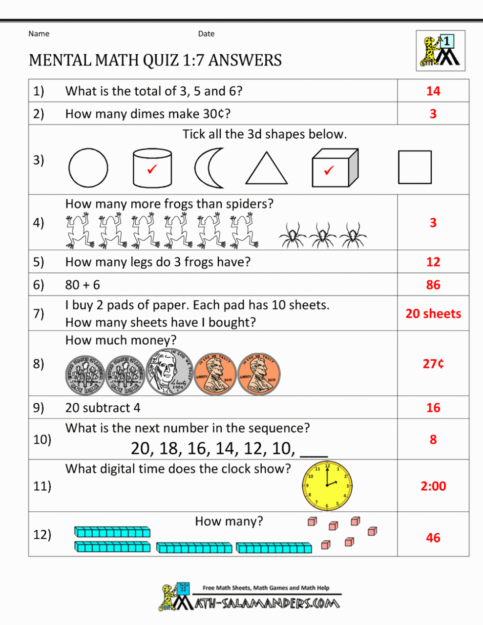 Grade 1 Mathematics Worksheets